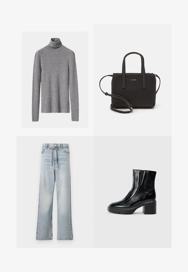 Harmaa ribattuja kauluspaita, jossa on pitkät hihat, tiukka siluetti ja pehmeä rakenne.; Vaaleansiniset leveälahkeiset farkut, joissa on korkea vyötärö, etutaskut ja naru-yksityiskohta vyötäröllä. Rikkonainen pinta.; Musta patentoitu nahkasaappaat nilkkoihin, joissa on kaareva kärki, joustavat sivupaneelit ja paksu lohkoilut. Takana on kohokuvioitu logo.; Musta käsilaukku, jossa on kaksinkertaiset lyhyet kahvat ja irrotettava olkahihna. Silkkinen nahkatunneinen materiaali, jossa on vetoketjukiinnitys ja logoyksityiskohta.