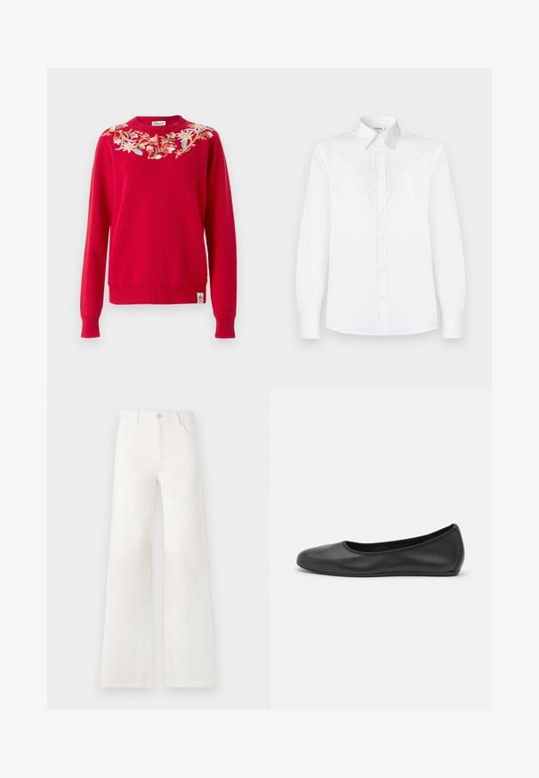 Punainen neulotut lämminneule, jossa on kukka-ompelu kauluksessa. Ribbattu hihanpää ja helma, ja logotunnus alapuolella.; Valkoinen pitkähihaisessa paidassa on sileä kangas, kauluspäällinen ja nappilista, jossa on vaaleanpunaiset napit.; Valkoiset, korkeavyötäröiset ja leveälahkeiset farkut, jotka on valmistettu denimkankaasta. Ominaisuuksiin kuuluu napp closure, kaksi etutaskua ja sivusaumojen ompeluyksityiskohdat.; Musta nahkainen ballerina, jossa on pyöristetty kärki, sileä pinta, minimaalinen ommelkoristelu ja joustava pohjamuotoilu.