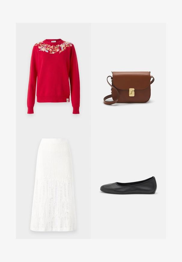 Rode gebreide trui met bloemenborduursel rondom de halslijn. Ribgebreide manchetten en zoom, met een logo-label aan de onderzijde.; Gehaakte witte midi rok met een textuurpatroon met verticale lijnen en uitsparingen nabij de zoom. Elastische tailleband. Zacht materiaal.; Zwarte leren ballerina met een ronde neus, gladde textuur, minimale stikdetails en een flexibele zoolontwerp.; Bruine leren handtas met een klep sluiting, gouden hardware, een schouderband en een gladde textuur. Compact rechthoekige vorm.