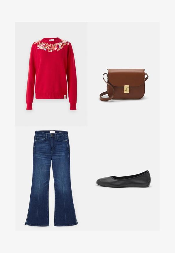 Pull en tricot rouge avec broderies florales autour de l'encolure. Poignets et ourlet côtelés, avec une étiquette de logo sur le côté inférieur.; Jean évasé bleu foncé en denim. Il présente une taille haute, des poches avant et des fentes au bas. Design classique à cinq poches.; Ballerines en cuir noir avec un bout rond, texture lisse, détails de couture minimalistes et design de semelle flexible.; Sac à main en cuir marron avec une fermeture à rabat, des accents en métal doré, une bandoulière et une texture lisse. Forme rectangulaire compacte.