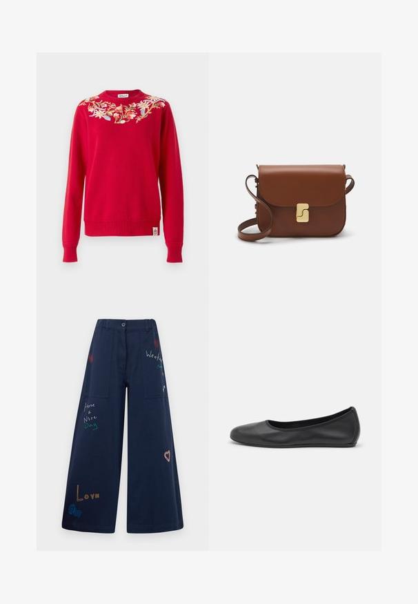 Czerwony sweter z dzianiny z kwiecistym haftem wokół dekoltu. Prążkowane mankiety i dół, z metką logo na dolnej części.; Granatowe spodnie z szerokimi nogawkami wykonane z bawełny, z licznymi kieszeniami. Ozdobione kolorowymi haftowanymi napisami i grafikami, w tym sercami i zabawnymi hasłami.; Czarne skórzane baletki z zaokrąglonym noskiem, gładką fakturą, minimalnymi przeszyciami i elastycznym designem podeszwy.; Brązowa skórzana torebka na ramię z klapką, złotymi detalami, paskiem na ramię i gładką teksturą. Kompaktowy prostokątny kształt.
