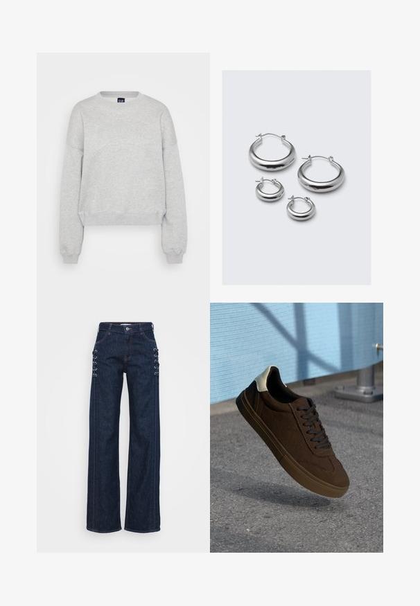 Sweatshirt cropped cinza claro com punhos e barra canelados. Apresenta um discreto logótipo em relevo no peito e um decote redondo.; Jeans de ganga azul escuro de perna larga com detalhes em atacadores nas laterais, costura laranja contrastante e um design clássico de cinco bolsos.; Sapatilhas baixas de camurça castanha com atacadores pretos, apresentando um bico branco e detalhes de costura texturizada. Sola de borracha.; Quatro pares de brincos de argola em prata em tamanhos variados: grandes círculos lisos e estilos arredondados menores com um acabamento polido e fechos simples.