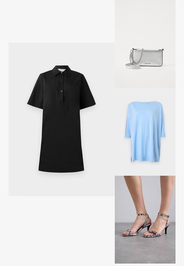 Lichtblauwe trui met korte mouwen en een losse pasvorm, met geribbelde accenten op de mouwen en zijsplitten aan de zoom voor extra textuur.; Zwart jurk met korte mouwen, een kraag, een knoopsluiting en een rechte snit. Gemaakt van lichte stof met een gladde textuur.; Zwart-witte sandalen met slangenhuidpatroon en hoge hakken, uitgerust met dunne bandjes en een klein gespdetail. De hak is slank en puntig.; Zilveren leren schoudertas met een gestructureerde afwerking, accenten van ketting en schouderband, en een ritssluiting. Beschikt over een logo aan de voorkant.