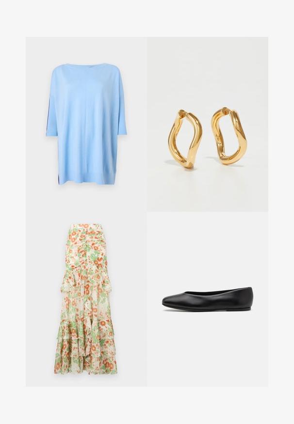 Maglioncino azzurro chiaro a maniche corte con una vestibilità ampia, dettagli a coste sulle maniche e fessure laterali all'orlo per un tocco di texture.; Gonna lunga floreale con sfondo crema, motivo di fiori arancioni e verdi, strati arricciati e design a vita aderente.; Paul Smith TOPANGA - Ballerine - black; Orecchini a cerchio color oro con una forma curva e irregolare e una superficie liscia e lucida. Nessun hardware o accenti visibili.