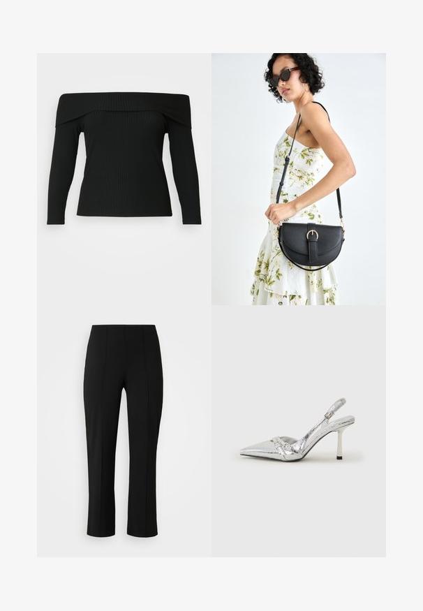 Juodas kantas viršutinė dalis su ilgomis rankovėmis ir nuo pečių nuleista iškirpte, pasižyminti tekstūruotu audiniu ir prigludusia forma.; Vero Moda Curve VMCBECKY PULL ON - Kelnės - black; Sidabriniai slingback aukštakulniai batai su smailia pavadinimu, metaliniu paviršiumi, dviem dekoratyvinėmis juostelėmis ir lieknu kulnu su juodu galiuku.; Juodas odinis krepšys su išlenkta forma, nuimamu dirželiu ir auksiniais detalėmis. Krepšys turi kilpą su sagtimi.
