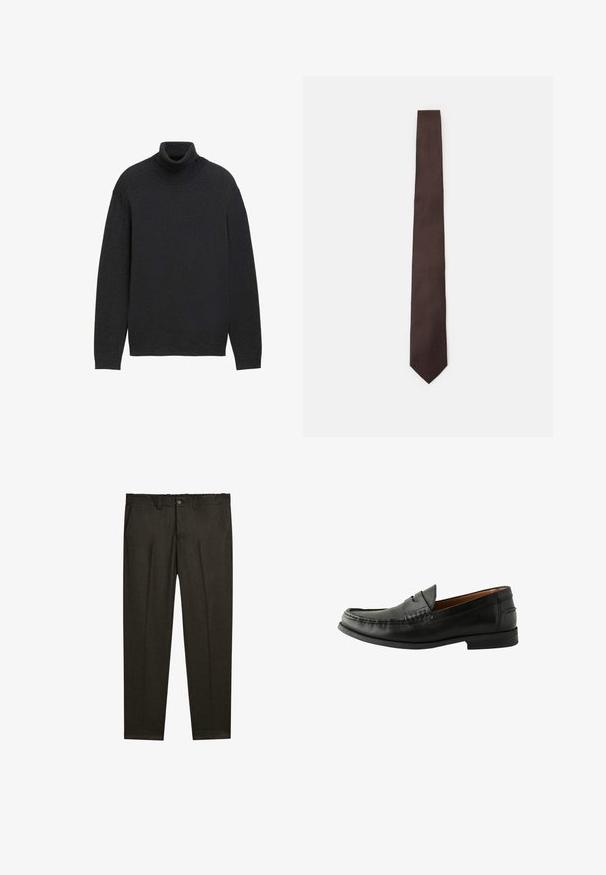 Ciemnoszary sweter z golfem wykonany z miękkiej dzianiny. Charakteryzuje się luźnym krojem, długimi rękawami oraz prążkowanym dekoltem i mankietami.; Jasnoróżowa koszula z długim rękawem, w pionowe białe paski, zapinana na guziki, z klasycznym kołnierzykiem i mankietami z pojedynczym detalem guzika.; Ciemnobrązowe spodnie szyte na miarę z plisami z przodu, szlufkami na pasek, kieszeniami bocznymi oraz zapięciem na guzik w pasie.; Czarne skórzane mokasyny o gładkim wykończeniu, zaokrąglonym czubku, ręcznie szytych detalach oraz niskiej gumowej podeszwie. Klasyczny i uniwersalny design.; Brązowy krawat o teksturowanym wzorze, elegancki design i spiczasty koniec. Wykonany z tkaniny, z gładką powierzchnią i subtelnym połyskiem.