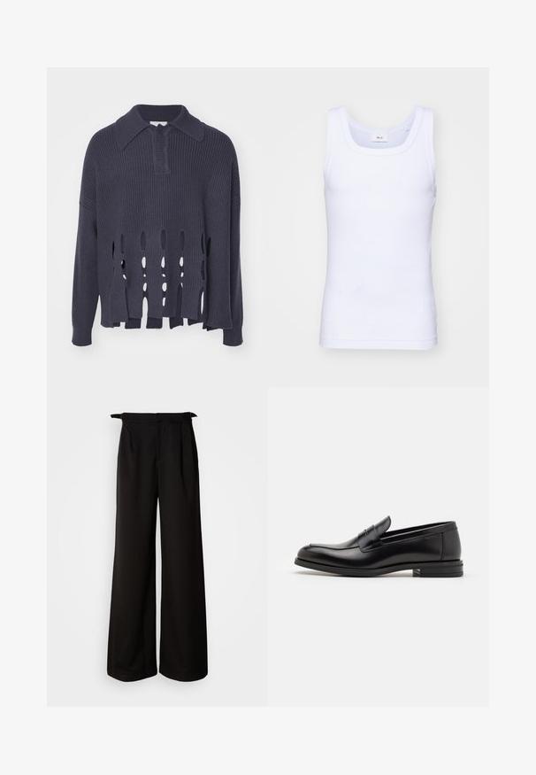 Mörk marinblå stickad tröja med öppna horisontella springor i fållen, ribbad krage och muddar. Har en avslappnad passform och texturerat material.; Vit bomullslångärmad tanktop med rund halsringning, med en slät yta och en figurnära passform, designad för avslappnad användning.; Svarta vida byxor med hög midja, prydda med veck och knytningar på sidorna, tillverkade av ett mjukt och strukturerat tyg.; Svarta läderloafers med en slät yta, rund tå och ett dekorativt band över främre delen. Låg staplad klack, minimalistisk design.