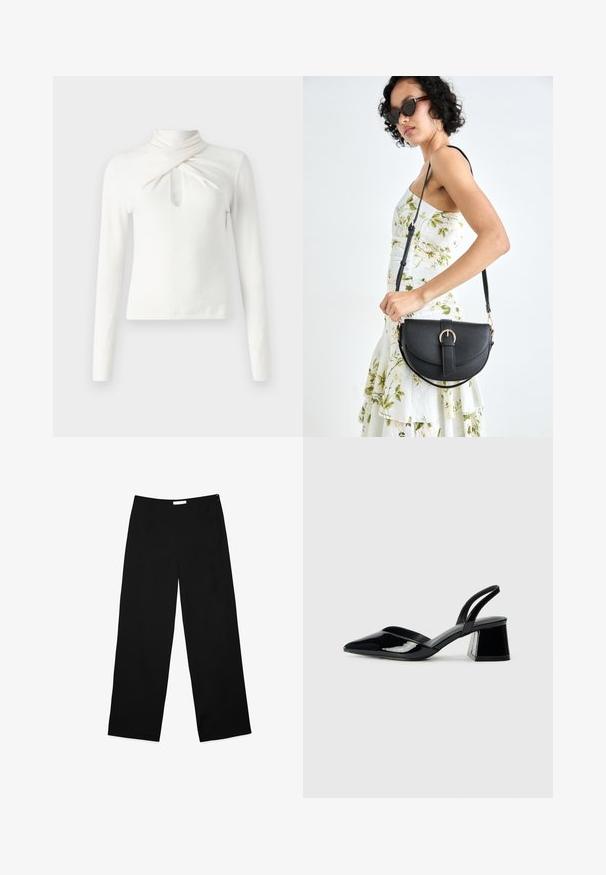 Weißes Langarmoberteil aus weichem Stoff, mit einem verdrehten Ausschnitt und einem Schlüssellochdetail an der Vorderseite. Glatte Textur, figurbetontes Design.; Schwarzfarbene weite Hosen aus einem glatten Stoff, mit einem schlichten Design und einem dezenten seitlichen Reißverschluss zum Verschließen.; Schwarze Lackleder-Slingback-High Heels mit spitzem Schuh und einem geometrischen Blockabsatz. Verfügt über ein schlankes, minimalistisches Design und eine glatte Textur.; Schwarze Lederhandtasche mit geschwungener Form, abnehmbarem Tragegurt und goldenen Beschlägen. Die Tasche verfügt über einen Deckel mit einer Schnallen-Details.