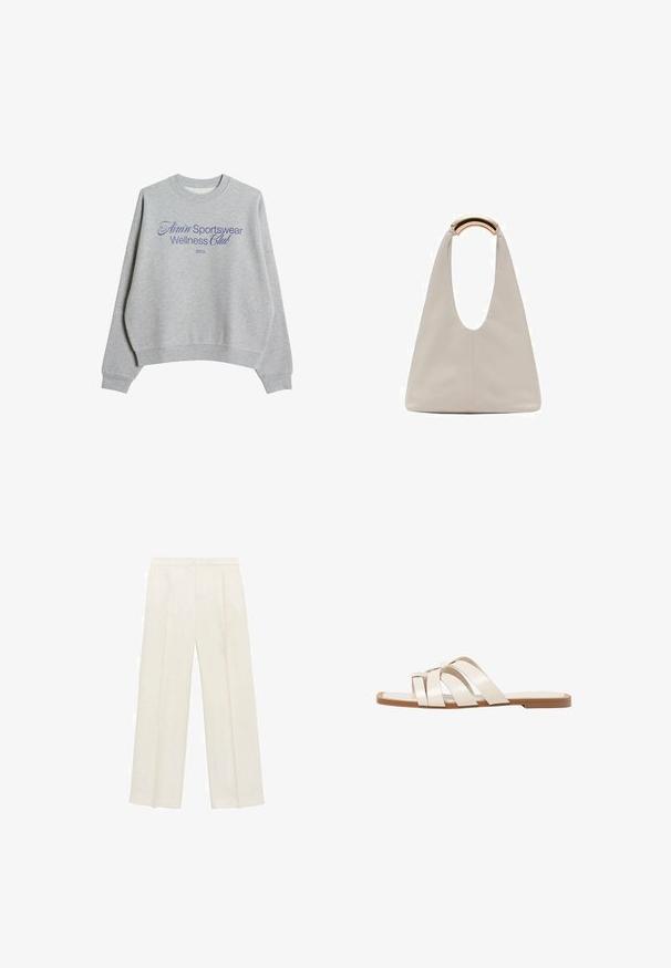 Sivi dukserica od pamuka s dodatkom, s okruglim izrezom, spuštenim ramenima i plavim otisnutim tekstom: "Amin' Sportswear Wellness Club 2013."; Hlače širokog kroja u svijetloj krem boji. Izrađene su od glatkog materijala s plisama sprijeda i bočnim džepovima.; Ravne sandale s smeškom od gume, dizajnirane s tri preklapajuće bele kožne trake i malim detaljem mašne u sredini.; Svijetlosivi kožni torba s oblikom u slovo U i zakrivljenim metalnim drškom. Glatka tekstura s minimalnim šavovima i bez vidljivih uzoraka.