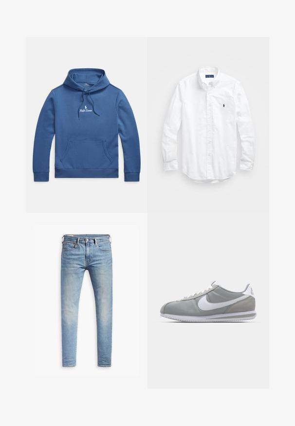 Blå bomullshoodie med framficka, huva med dragsko och broderad "Ralph Lauren"-logotyp på bröstet. Mjuk textur.; Vit långärmad skjorta i bomull med knappar. Har en klassisk krage, knappmanchetter och en liten broderad logotyp i marinblått på bröstet.; Ljust blå smala jeans med lätt blekning på låren, framknäppning, bältesslingor och fem fickor på en vit bakgrund.; Grå idrottssko med ovandel i mocka och textil, vit Nike-swoosh och vita snören. Har en texturerad gummisula och vadderad krage.