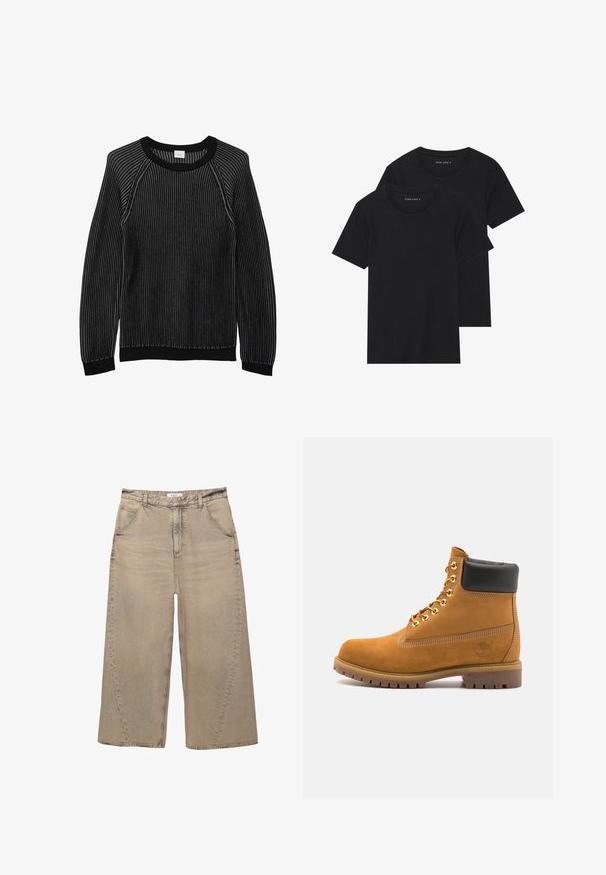 s.Oliver IN TWO TONE OPTIK - Pullover - schwarz; Deux t-shirts en coton noirs à manches courtes, à encolure ronde et à texture lisse, présentés empilés l'un sur l'autre.; PULL&BEAR MEGA BAGGY - Jean baggy - light grey; Bottine en daim beige avec un col rembourré noir, œillets en métal doré, détails de surpiqûres blanches et semelle en caoutchouc robuste avec des crampons prononcés.