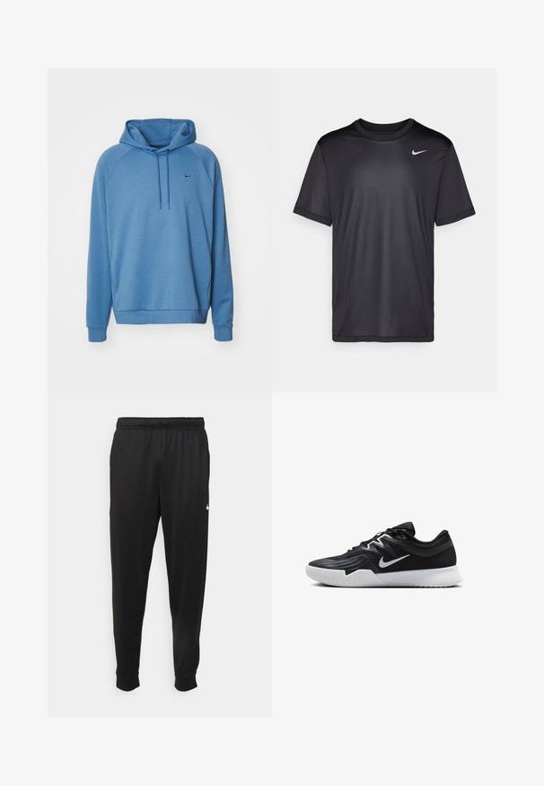 Modrá mikina s kapucňou vyrobená z mäkkej látky, s jednoduchým dizajnom, dlhými raglánovými rukávmi a malým logom na hrudi.; Čierne športové tričko s krátkym rukávom, okrúhlym výstrihom, vyrobené z hladkej tkaniny. Obsahuje malé biele logo Nike na hornej ľavej strane.; Čierne športové nohavice z hladkej tkaniny, s elastickým pásom, zužujúcimi sa nohavicami a malým bielym logom na ľavej strane.; Čierna športová topánka s textúrovaným zvrškom, bielym logom Nike a bielou gumovou podrážkou. Má šnurovací dizajn a dynamický tvar.
