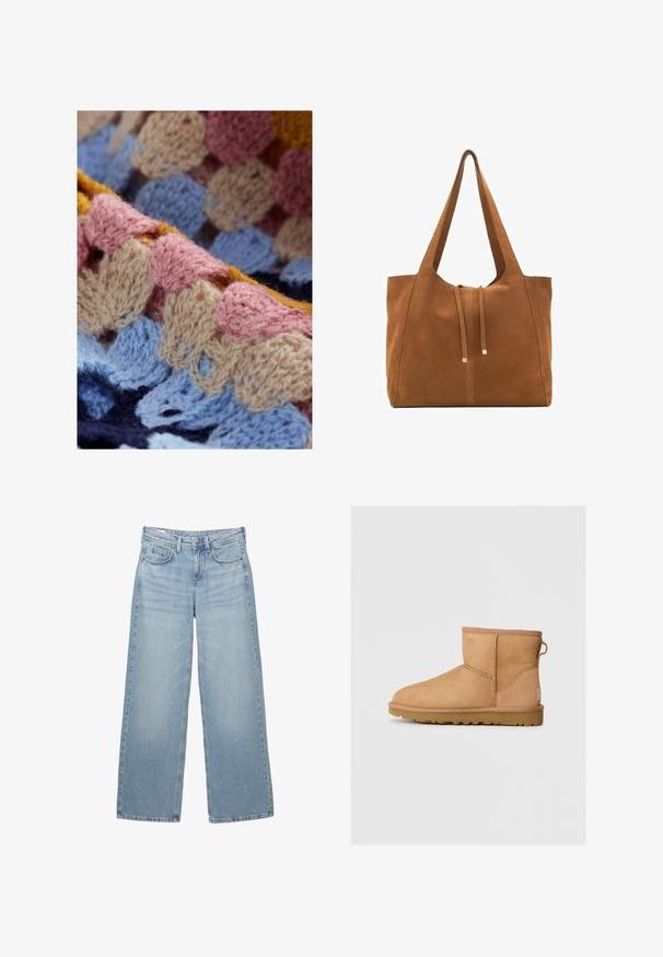 Knit textile featuring pastel colors, including pink, blue, beige, and yellow. Textured pattern with loops and waves. Soft, wool-like material.; White cotton t-shirt with short sleeves, a crew neckline, and a relaxed fit. Material appears smooth with no visible patterns or graphics.; Light blue denim wide-leg jeans with a high waist, five pockets, and subtle fading, featuring a metal button and belt loops.; Tan suede ankle boot with round toe, stitched detailing, pull tab on back, and a textured rubber sole. Designed for comfort and warmth.; Brown suede tote bag with two long straps, drawstring closure, and minimalistic design. Smooth texture and no visible hardware accents.