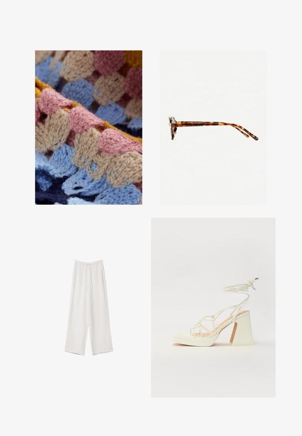 Stricktextil in Pastellfarben, einschließlich Rosa, Blau, Beige und Gelb. Texturiertes Muster mit Schlaufen und Wellen. Weiches, wollartiges Material.; Weiße weit geschnittene Hose aus leichtem Stoff. Mit einem elastischen Bund und Kordelzug sowie Seitentaschen. Glatte Textur.; Weiße High-Heel-Sandale mit einem klobigen Absatz, die über ein Riemchendesign und ein Knöchelband verfügt. Glatte Textur mit einer Plattform vorne für zusätzliche Höhe.; Schildpatt-Sonnenbrille mit dickem Rahmen, leicht gebogenen Bügeln und glatter Textur. Sie präsentiert ein klassisches Design mit glänzender Oberfläche.