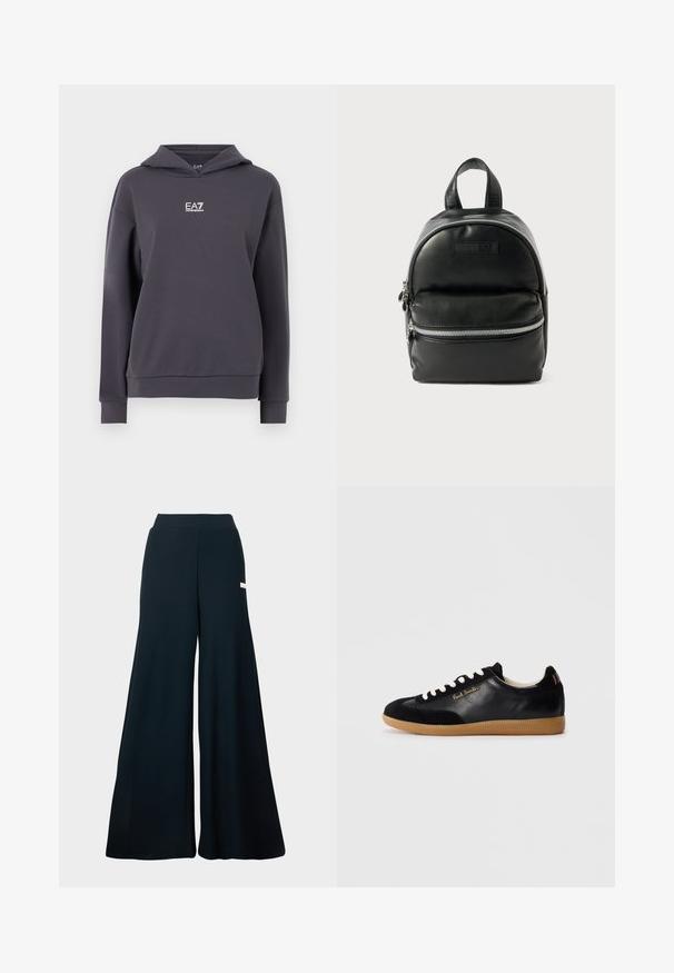 Hanorac gri închis din material moale, cu glugă prevăzută cu șnur, mâneci lungi și un mic logo alb pe piept.; Pantaloni evazați din material ribat de culoare albastru închis, cu talie înaltă și detalii subtile de brand pe lateral. Textură netedă și lungime completă.; Tenis cu talpă joasă din piele neagră, cu șireturi albe, talpă din cauciuc, logo-ul auriu "Paul Smith" pe lateral și detalii în dungi multicolore pe tab-ul călcâiului.; Rucsac din piele neagră cu o formă rotundă, buzunar frontal cu fermoar și mânere superioare duble. Are accesorii de culoare argintie și o textură netedă.