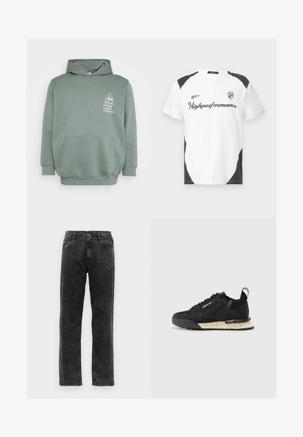 Svijetlozelena majica s kapuljačom napravljena od mekanog materijala. Sadrži prednji džep, kapuljaču s vezicom i otisnuti tekst s grafičkim dizajnom na prsima.; Bijela majica kratkih rukava s crnim akcentima. Sadrži logotip "REPLAY FC" i tekst "Highperformance" u sportskom fontu. Izrađena je od glatkog materijala.; Crne traperice od denima ravnog kroja, koje sadrže pet džepova, kopčanje na dugme i suptilno izblijedjivanje po tkanini.; Replay FIELD MELT 25 - Tenisice - black