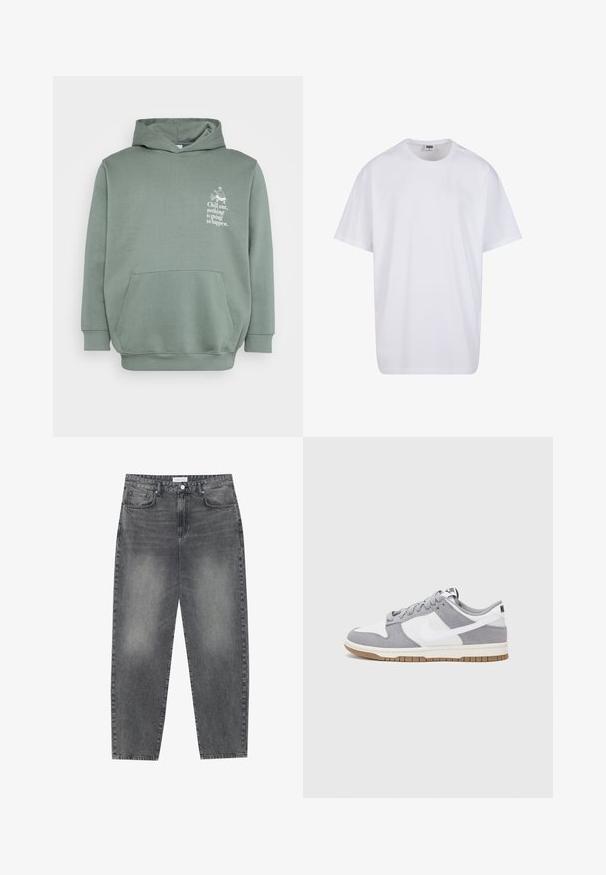 Felpa verde chiaro realizzata in tessuto morbido. Caratterizzata da una tasca frontale, un cappuccio con cordino e testo stampato con un design grafico sul petto.; Maglietta bianca in cotone con maniche corte, scollatura rotonda, vestibilità comoda e senza loghi o motivi visibili. Texture liscia e design minimale.; Jeans a vita alta, dal taglio ampio in denim nero sbiadito. Presentano cinque tasche, passanti per cintura e un design dritto e pulito.; Sneaker grigia e bianca con tomaia in suede e pelle, punta arrotondata, lacci piatti e soletta in gomma con un accento color caramello.