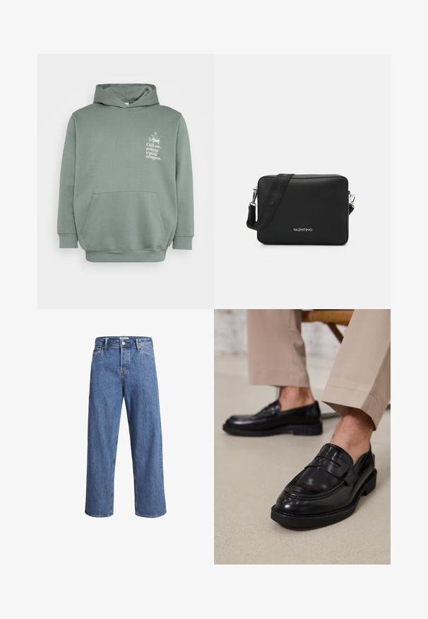 Jasnozielona bluza z kapturem, wykonana z miękkiego materiału. Posiada kieszeń z przodu, sznurków w kapturze oraz nadrukowany tekst z grafiką na klatce piersiowej.; Jasnoniebieskie dżinsy o prostym kroju, wysokim stanie i minimalnych detalach szycia. Materiał ma miękką, lekko wyblakłą teksturę.; Czarne skórzane mokasyny o gładkim wykończeniu, z dekoracyjnym paskiem i kontrastowym szwem, w połączeniu z beżowymi spodniami.; Czarna prostokątna torebka na ramię wykonana z teksturowanego materiału, z metalowym zapięciem w srebrnym kolorze oraz regulowanym paskiem z logo.