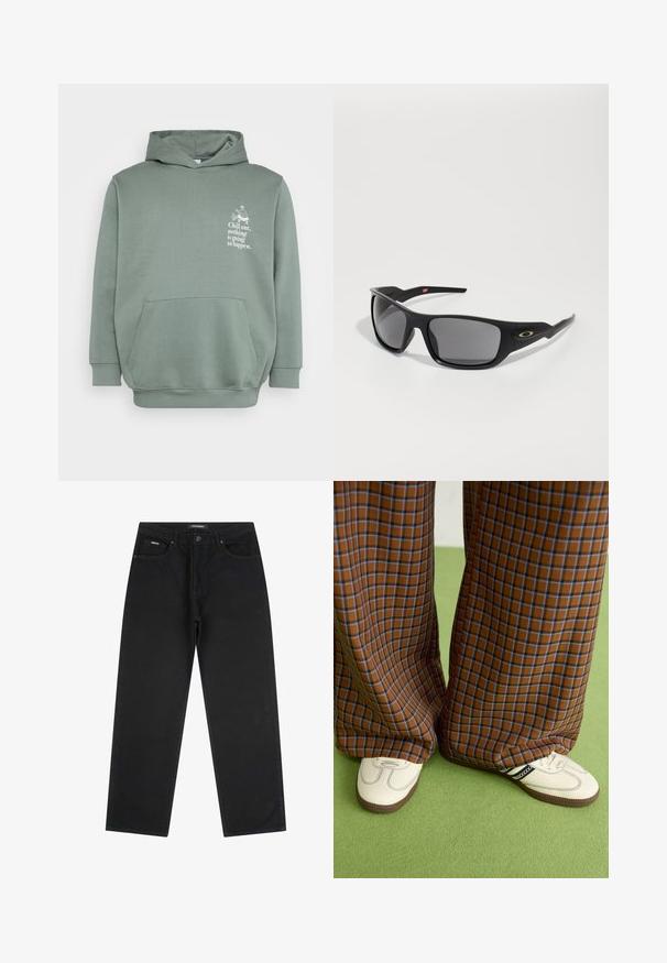 Lys grønn hettegenser laget av mykt stoff. Har en frontlomme, en hette med snøring, og trykt tekst med grafisk design på brystet.; Sorte straight-leg jeans med frontknapp og glidelås, beltehemper og fem-lommerdesign, lagt flatt på en hvit bakgrunn.; Brune og blå rutete vide bukser sammen med hvite sko med svarte detaljer og teksturerte såler, satt mot en grønn bakgrunn.; Sorte solbriller med rektangulær form, laget av slitesterk plast, med gråtonede linser og en gullakzent på siden.