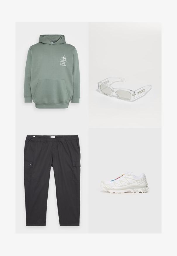 Light green hoodie made of soft fabric. Features a front pocket, a drawstring hood, and printed text with a graphic design on the chest.; Black cargo pants with an elastic waistband, side pockets, and snap button accents. Made of lightweight, smooth fabric.; White athletic shoe with textured mesh upper, reflective accents, and a cushioned sole. Notable brand logo on the side.; Clear plastic sunglasses with gray lenses, rectangular shape, embossed "Versace" logo on the temples, showcasing a modern design.
