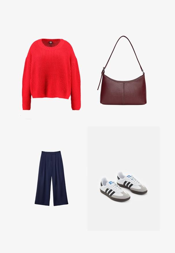 Stickad tröja i klar röd färg. Har rund halsringning, nedhasade axlar och ett strukturerat mönster. Avslappnad passform med långa ärmar.; Marinblå vida byxor med veck, knappad midja och bälteshällor, visade liggande på en vit bakgrund.; Sportskor med överdel i vit läder, grå mocka på tårna och tre svarta ränder. Har en blå logotyp på tungan och en texturerad gummisula.; Vinröd läderhandväska med en böjd form, en enkel axelrem och sömnadsdetaljer i mitten. Slät textur, minimal hårdvara.