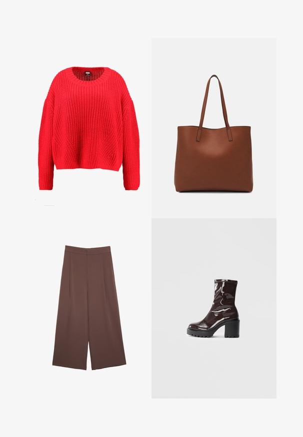 Pletena pulover majica v svetlo rdeči barvi. Ima okroglo ovratnico, spuščena ramena in teksturiran vzorec. Ohlapen kroj z dolgimi rokavi.; Rjave široke hlače z gladko teksturo, ki imajo visok pas in sprednje naborke. Tkanina je lahka in prosto pada.; Sijajan škrlatank z bleščečim videzom, z masivnim črnim peto, ki se ponaša z gladko teksturo in preprostim dizajnom. Brez vidnih zapenjal ali vzorcev.; Rjava usnjena torba z gladko teksturo, odprto zasnovo zgoraj in dvema naramnima trakovoma. Opremljena je z minimalnim šivanjem in brez vidnih kovinskih delov.