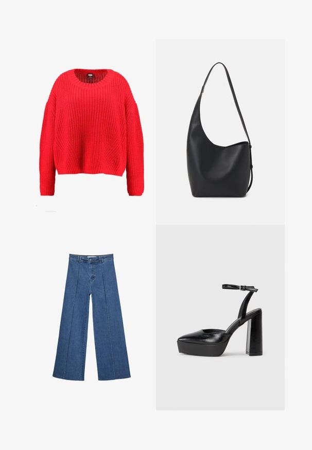 Crveni pleteni džemper s okruglim izrezom, spuštenim ramenima i rebrastim rubom. Ima teksturirani, grubi uzorak po cijelom džemperu.; Široke traperice u srednje plavoj boji, s visokim strukom, zatvaranjem na dugme i kontrastnim vertikalnim šavovima duž prednje strane.; Crne platforme s potpeticom s oštrim vrhom i podešivom naramenicom. Izrađene od glatke kože, s masivnom blok petom.; Crna kožna hobo torba s glatkom teksturom, zakrivljenim oblikom i jednom podesivom trakicom; ima širok otvor na vrhu.