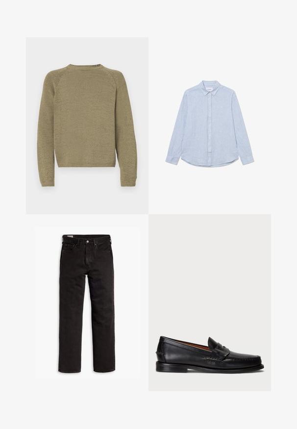 Pull olive en maille texturée, avec des manches raglan et un col rond. L'ourlet et les poignets sont côtelés.; Chemise boutonnée bleu clair avec des rayures blanches, manches longues, col, ourlet arrondi et logo discret sur la poitrine. Matière en coton.; T-shirt en coton blanc à manches courtes, col rond, avec un logo Levi's discret imprimé au centre. Texture douce et coupe standard.; Jean en denim noir à jambes droites avec cinq poches, fermeture à bouton et passants de ceinture, posés à plat sur un fond blanc.; Mocassin en cuir noir avec un bout arrondi, des détails cousus et une sangle décorative à l'avant. Semelle plate avec un profil minimal.