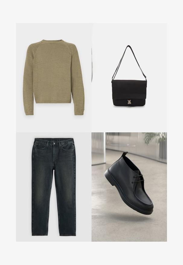 Olivgrüner Pullover mit strukturiertem Strickdesign, Raglanärmeln und rundem Ausschnitt. Der Saum und die Bündchen sind gerippt.; Dunkelblaue Jeans aus Denim mit geradem Bein, fünf Taschen, Reißverschluss und kontrastierenden Nähten. Dezente Ausbleichungen im Stoff.; Schwarzer Lederschuh mit glatter Textur, abgerundeter Zehenform und Schnürdesign; verfügt über eine flache Sohle und einen Zugtab an der Rückseite.; Schwarze Umhängetasche aus glattem Material, mit einem umklappbaren Deckel, silbernem Verschluss und verstellbarem Schultergurt.