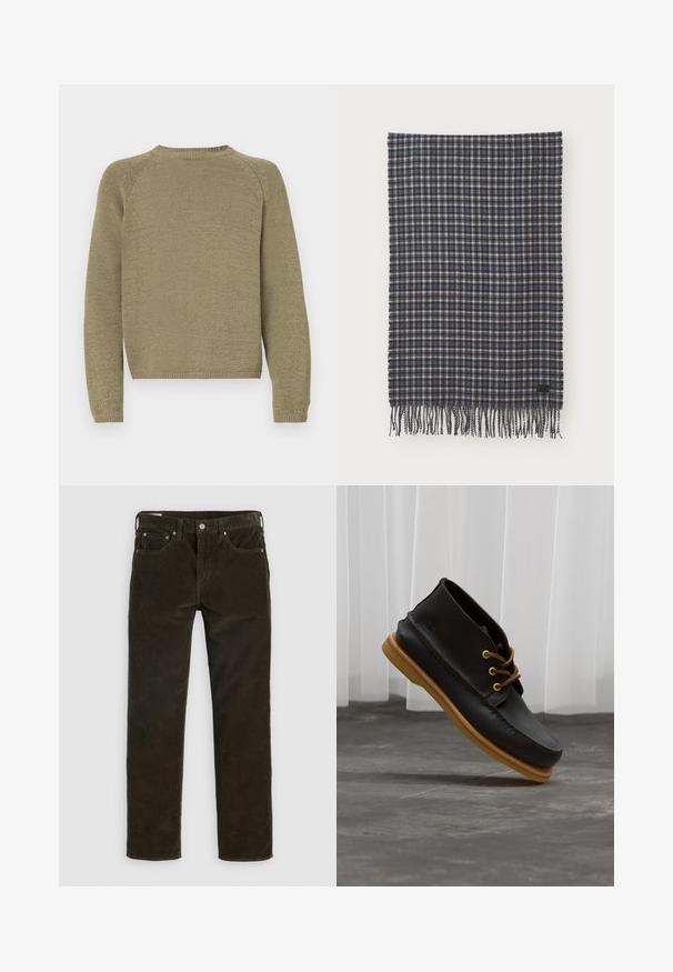 Maglione verde oliva con un design a maglia testurizzata, maniche raglan e scollatura rotonda. Orlo e polsini a coste.; Pantaloni in corduroy marrone con taglio dritto, cinque tasche, cuciture visibili e finitura in tessuto testurizzato. Chiusura con bottone in metallo in vita.; Scarpe in pelle nera con finitura liscia, punta tonda, lacci marroni e suole in gomma marrone chiaro. Logo impresso sul lato.; Sciarpa in lana intrecciata in plaid blu scuro e crema, con bordo frangiato e un piccolo etichetta nera come dettaglio. Texture morbida con forma rettangolare.