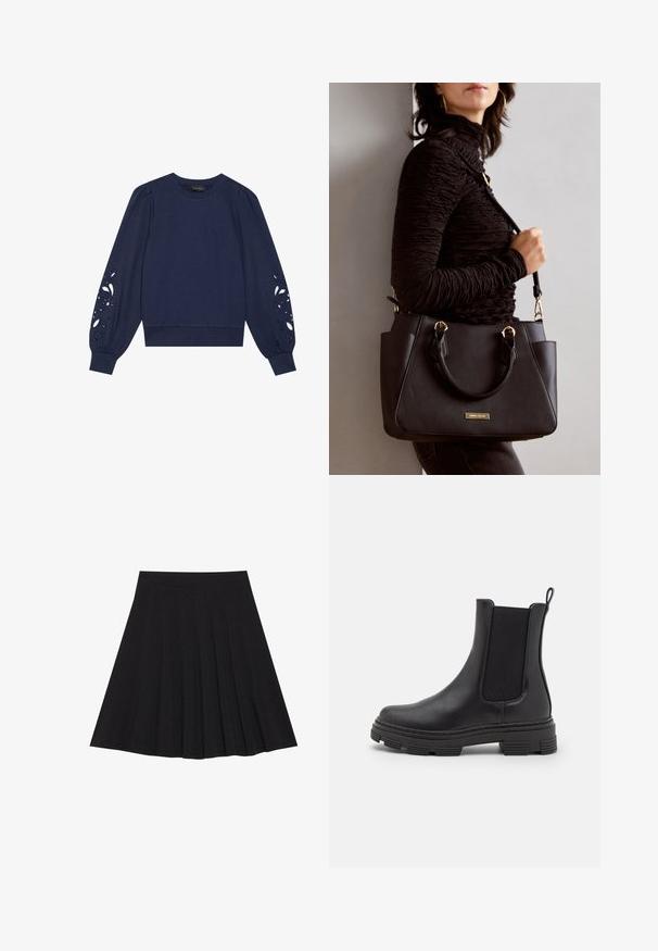Maglione a girocollo blu navy con maniche a sbuffo lunghe, polsini a costine e motivi floreali decorativi tagliati al laser sulle maniche. Materiale misto cotone.; Gonna nera plissettata realizzata in tessuto strutturato con una vita aderente. Cade all'altezza del ginocchio, presentando una silhouette liscia e pulita.; Stivale alla caviglia in pelle nera con pannelli elastici laterali, punta tonda e suola in gomma texturizzata. Dotato di un anello sul retro per una facile vestibilità.; Borsa nera con superficie texturizzata, manici superiori doppi e tracolla regolabile. Dotata di hardware color oro e tasche laterali.