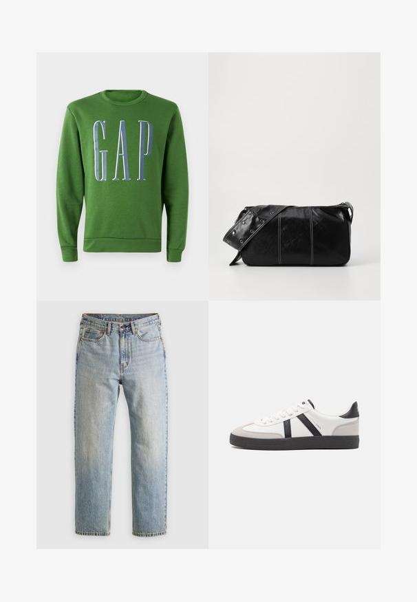 Zaļa džemperis ar garām piedurknēm un lielu baltu un zilu "GAP" logo uz priekšpuses. Mīksts audums ar ribotām piedurknēm un apakšu.; Gai zila denima bikses ar augstu jostasvietu, priekšējo pogu, rāvējslēdzēju un piecu kabatu dizainu, izlīdzinātas uz neitrāla fona.; Baltas sneakeris ar melniem un pelēkiem akcentiem, kuram ir teksturēts pelēks purngals, melna gumijas zole un plakanas baltas šņores. Tīrs dizains, minimālisma stils.; Melnas ādas plecu soma ar rāvējslēdzēja aizdari, ar teksturētu virsmu, baltu dūrienu un siksnu ar sudraba iekavām.