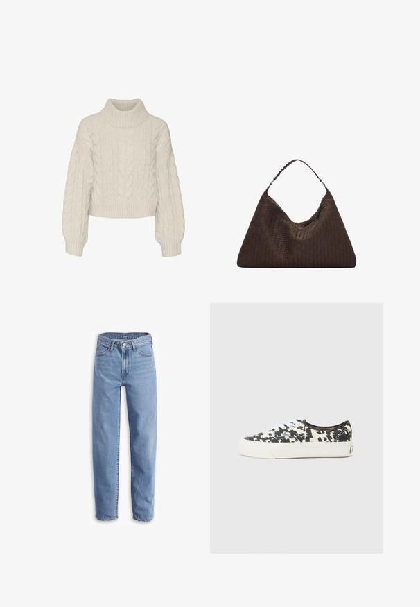 Vero Moda VMDREAM CROP - Strickpullover - birch; Helle blaue Jeans aus Denim, mit entspannter Passform, geradem Bein, Fünf-Taschen-Design und ausgefransten Säumen für einen lässigen Look.; Schwarze und weiße Leinenschuhe mit einem Kuhfleckenmuster, weißen Schnürsenkeln und einer weißen Gummisohle. Mit einem Logokennzeichen an der Seite.; Braune, geflochtene Lederhandtasche mit einer lässigen, dreieckigen Form. Verfügt über einen geflochtenen Griff und einen Reißverschluss an der Oberseite.