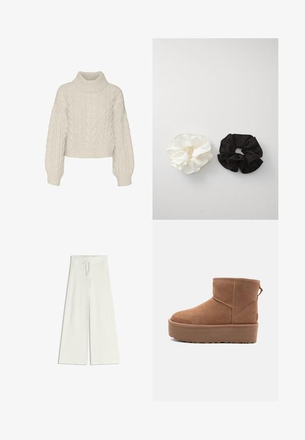 Vero Moda VMDREAM CROP - Svetr - birch; Široké bílé kalhoty z měkké pleteniny, s elastickým pasem a stahovací šňůrkou pro přizpůsobení velikosti. Hladká textura, bez vzoru.; Hnědé semišové kotníkové boty s platformou, zaoblenou špičkou a prošíváním; mají poutko vzadu pro snadné obouvání.; Dvě saténové gumičky do vlasů, jedna bílá a jedna černá, se zavinovacím designem a hladkou texturou, vystavené na jednobarevném bílém pozadí.
