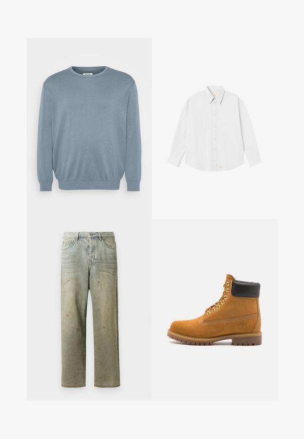 Gaiši zils džemperis, kas izgatavots no adīta auduma, ar apaļu kaklu un ribotām piedurknēm un apakšu. Vienkārša dizaina ar maigu tekstūru.; Balta krekla ar pogām ar klasisko apkakli, garām piedurknēm un noapaļotu apakšmalu; lejas kreisajā stūrī ir neliels oranžs logs.; Izsistās džinsās gaisā zaļā krāsā, ar taisnu kāju, piecu kabatu dizainu un nevienmērīgu izbalēšanu, kā arī krāsas šļakatas.; Brūna zamša potīte ar melnu izšuvumu ap kaklu, zelta metāla acu caurumi, balta šuvju apdare un izturīgs gumijas zole ar izteiktu zīmējumu.