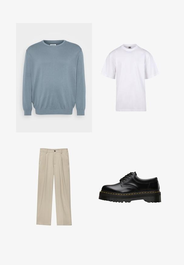 Világoskék pulóver, kötött anyagból készült, kerek nyakú, bordázott mandzsettával és hemline-nal. Egyszerű dizájn, puha tapintással.; Fehér pamut póló kerek nyakkivágással, rövid ujjal és laza szabással. Egyszerű dizájnnal rendelkezik, minták vagy díszek nélkül.; Beige egyenes szárú nadrág, egy fekete gombbal, övhurkokkal és oldalzsebekkel. Sima szövettextúra és minimális design.; Fekete bőr fűzős cipő, vastag, fogazott fekete gumitalppal és sárga varrással a széleken, sima felülettel.