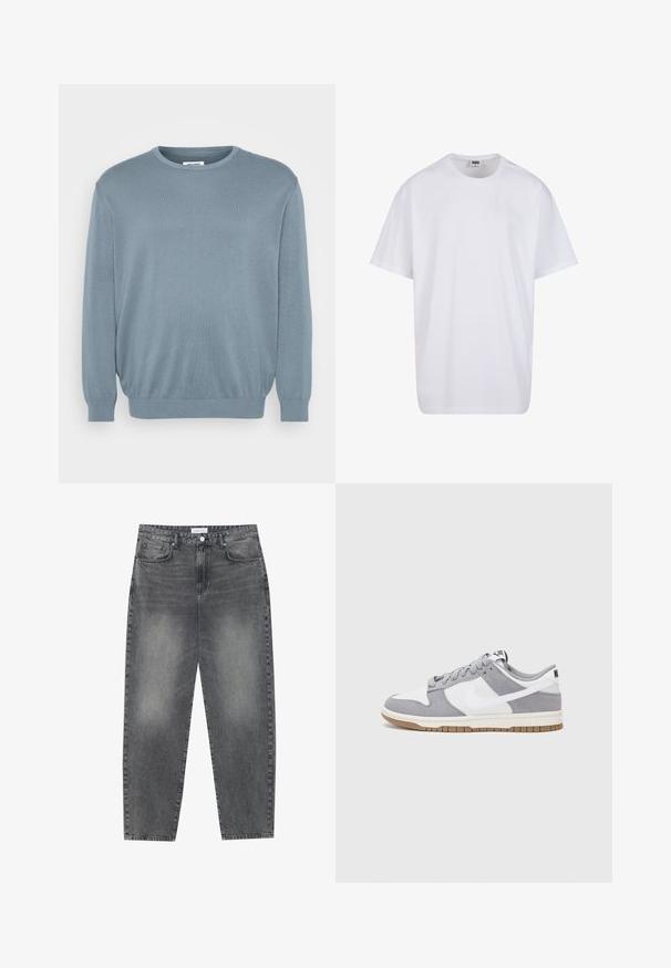Šviesiai mėlynas megztinis, pagamintas iš megztos medžiagos, su apvaliu kaklu ir rinžinais rankovių bei apačios kraštais. Paprastas dizainas su švelnia tekstūra.; Balta medvilninė marškinėlių užsagėlė su trumpomis rankovėmis, apvaliu kaklu, laisva forma ir be matomų logotipų ar raštų. Lygi tekstūra ir minimalus dizainas.; Aukštai juosmeniu, laisvai krentančios džinsai iš blukusių juodų džinsų. Savybės: penki kišenės, diržo kilpos ir švari, tiesi kojų dizainas.; Pilka ir balta sportinė avalynė su zomšiniu ir odiniu viršumi, suapvalintu pirštu, plokščiomis raištelėmis ir guminėmis padais su guminiu akcentu.