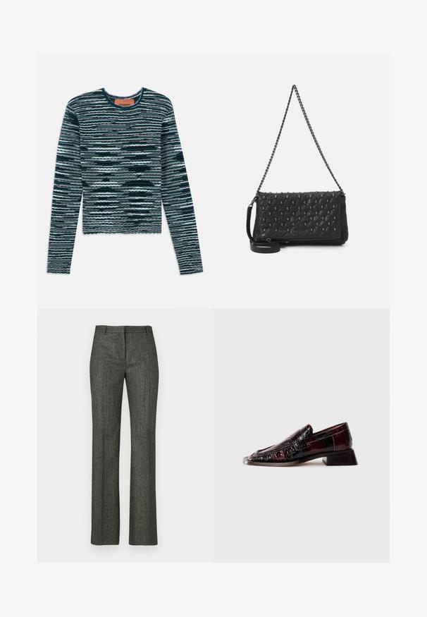 Pinti megztinis su apvaliu kaklu, ilgomis rankovėmis ir banguota dryžuota raštu tamsiai žaliai, juodai, baltai ir šviesiai mėlynai.; Kustomizuoti pilki dryžuoti kelnių, pagaminti iš tekstūruoto audinio, su tiesia kojų forma ir klasikiniu liemeniu su diržo kilpomis.; Tamsiai raudonos, blizgios odos loafers tipo bateliai su tekstūruotu paviršiumi, žemu blokuotu kulniuku ir klasikiniais pinigų juostos akcentais, rodomi šone.; Juodas apklijuotas odinis krepšys su grandinės dirželiu, papuoštas kaukolės akcentais ir užtrauktuku. Strukturizuotas paviršius su blizgiu apdailu.