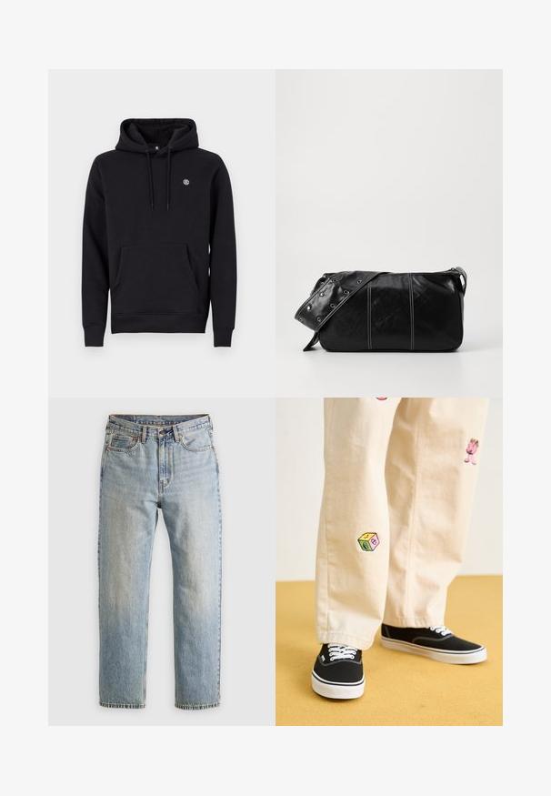 Schwarzer Kapuzenpullover aus Baumwollgemisch. Verfügt über eine große Kängurutasche auf der Vorderseite, gerippte Bündchen und ein kleines Logo auf der Brust.; Helle blaue Jeans mit hoher Taille, Frontknopf, Reißverschluss und fünf Taschen-Design, flach auf einem neutralen Hintergrund ausgelegt.; Beige Baumwollhosen mit verspielten, gestickten Motiven, darunter eine pinke Figur und bunte Blöcke, kombiniert mit schwarzen Schnürsneakern.; Schwarze Leder Schultertasche mit Reißverschluss, ausgestattet mit einer strukturierten Oberfläche, weißen Nähten und einem Tragegurt mit silbernen Ösen.