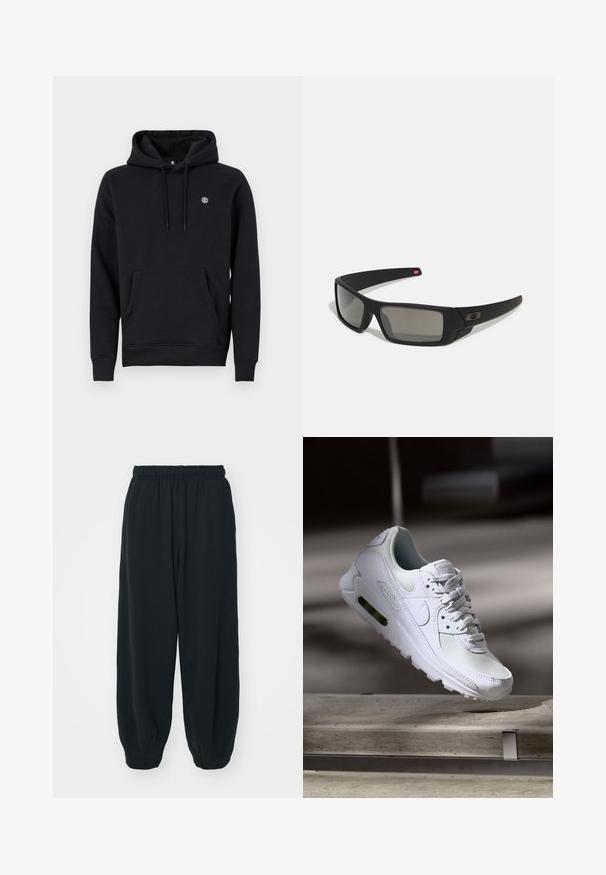 Felpa con cappuccio nera realizzata in tessuto misto cotone. Presenta una tasca a marsupio frontale, polsini a coste e un piccolo logo sul petto.; Pantaloni da jogging neri con vita elasticizzata, dalla vestibilità morbida, caviglie a costina, texture liscia e senza motivi visibili o dettagli in metallo.; Sneaker Nike Air Max 90 bianco con tomaia in mesh e pelle, punta forata e un'unità air visibile nel tallone.; Occhiali da sole neri con finitura opaca, lenti rettangolari, leggero curvatura sulle tempie, dettaglio logo discreto e lenti color fumo.