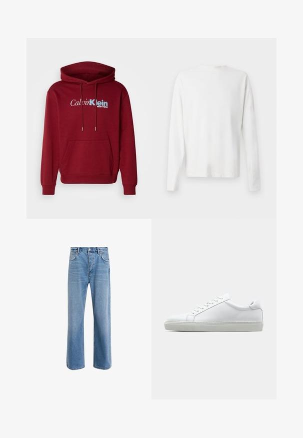 Sudadera con capucha color burdeos fabricada en tejido de forro polar, con un bolsillo tipo canguro, puños acanalados y el logo "Calvin Klein NEW YORK" en blanco y azul.; Camisa de algodón blanca de manga larga con cuello redondo, aberturas laterales en la parte inferior y una textura suave, exhibida desde la parte de atrás.; Jeans de mezclilla azul claro con un diseño de pierna recta, cinco bolsillos, cierre de botón, ligeramente desgastados y detalles de costura en contraste.; Zapatilla blanca con parte superior de cuero liso y perfil bajo. Presenta una puntera redondeada, seis ojales y una suela de goma texturizada.