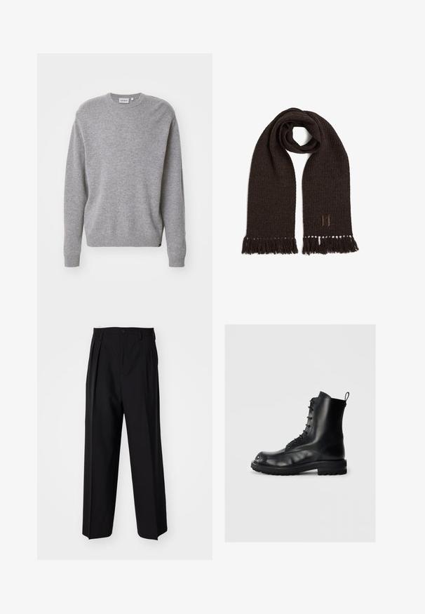 Maglione grigio a maglia con maniche lunghe, colletto rotondo e polsini e orlo a coste. Il tessuto appare morbido e testurizzato, progettato per un abbigliamento casual.; Pantaloni neri a pieghe con un design dritto e gamba larga. Realizzati in tessuto morbido, con chiusura a bottone e passanti per cintura.; Stivale in pelle nera con lacci, suola spessa e linguetta di trazione su uno sfondo chiaro, vista laterale che mostra lo stivale sinistro.; Sciarpa intrecciata marrone con estremità frangiate, caratterizzata da una trama sottile e un piccolo logo ricamato nell'angolo in basso a destra.