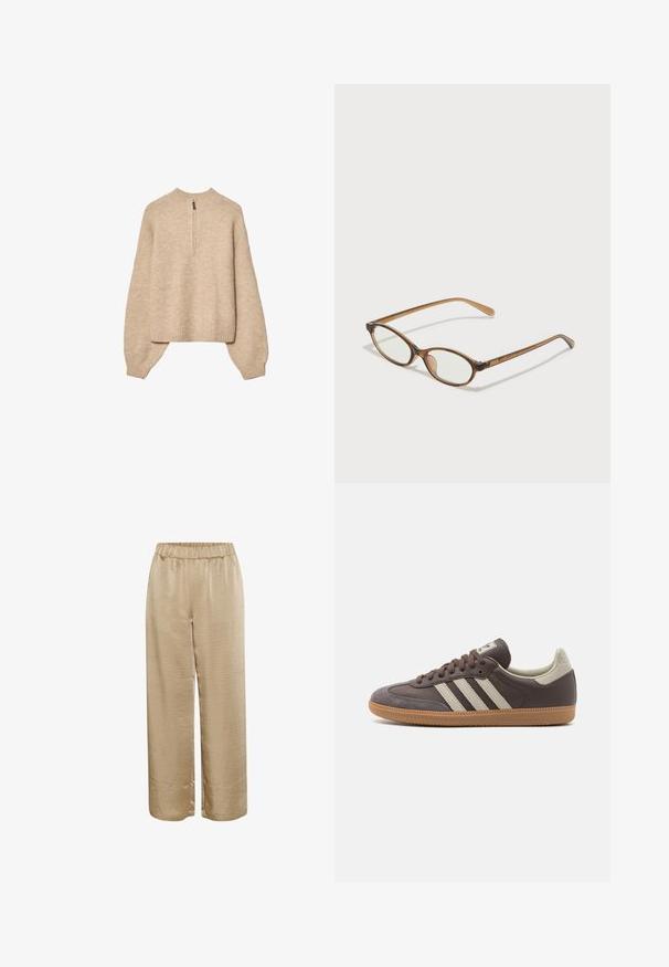 Bež pleten pulover z visokim ovratnikom, polovičnim zadrgo in padlimi rokavi. Ima rebrast rob in manšete.; Bež široke hlače s elastičnim pasom, izdelane iz mehkega, teksturiranega materiala, z gladkim zaključkom in ohlapnim krojem.; Rjave usnjene teniske s tremi svetlimi črtami, gumijastim podplatom, zaobljenim prstom in teksturiranimi semiš detajli na peti in prstu.; Rjavo želvovina očala z ovalnimi lečami, tankimi ročaji in prosojnimi detajli. Imajo subtilen logo na templetu. Eleganten, lahek dizajn.
