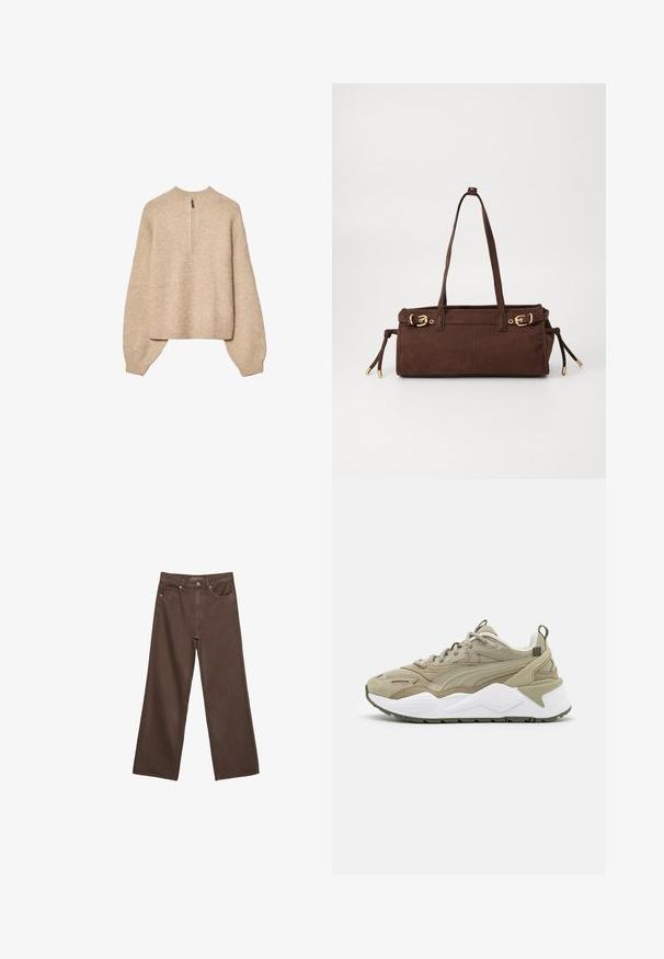 Beiger Strickpullover mit hohem Kragen, halblangem Reißverschluss und überschnittenen Schultern. Mit geripptem Saum und Bündchen.; Weite braune Jeans aus Denim, mit hoher Taille, Fronttaschen und klassischem Knopfverschluss. Glatte Textur mit feinen Nähten.; Khaki Sneaker mit Mesh- und Wildleder-Obermaterial, weißer Zwischensohle, grünen Akzenten und strukturierten Details. Verfügt über eine Schlaufe an der Ferse für einfaches Anziehen.; Braune Wildleder-Shoppertasche mit zwei Schulterriemen, goldenen Hardware-Akzenten und verstellbaren Seitenbändern. Verfügt über einen Reißverschluss und eine glatte Textur.