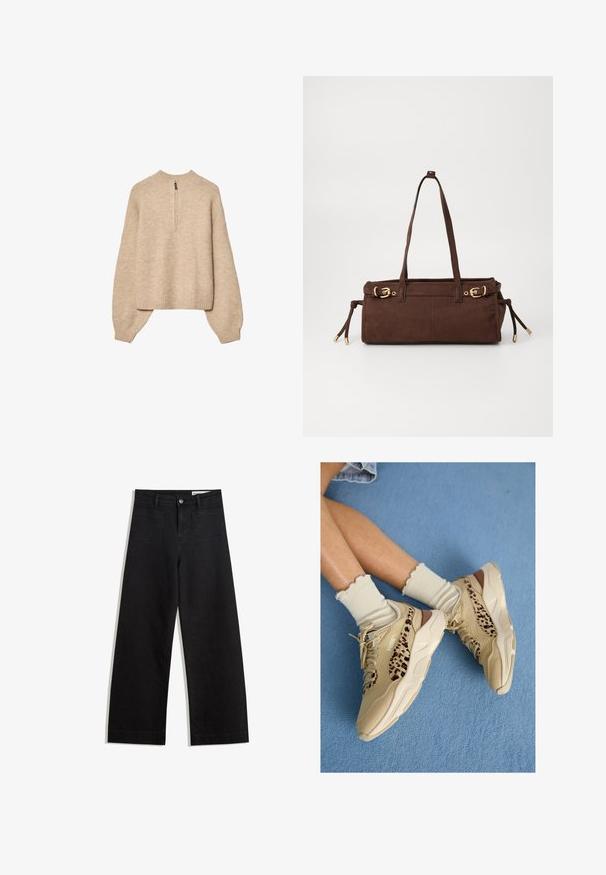 Maglione in maglia beige con collo alto, zip a metà lunghezza e maniche a spalle scese. Presenta orlo e polsini a coste.; Pantaloni in denim neri a gamba larga con vita alta, dotati di tasche anteriori e posteriori, cuciture a punto, e chiusura con bottone. Texture liscia.; Gambe incrociate con indosso scarpe da ginnastica Puma beige con strisce leopardate e calzini crema arruffati su un pavimento con moquette blu.; Borsa tote in suede marrone con due manici, dettagli in metallo dorato e lacci laterali regolabili. Presenta una chiusura con zip e una texture liscia.