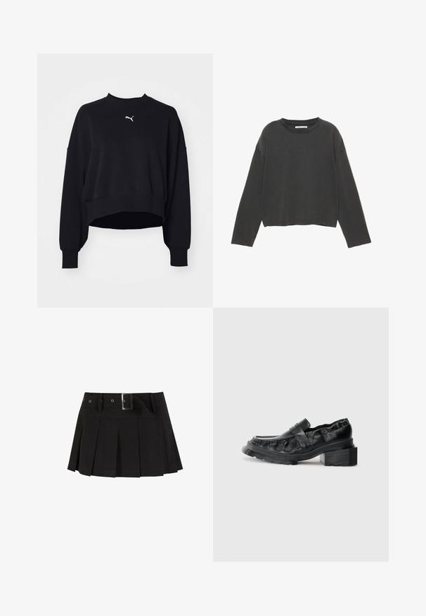 Crni skraćeni dukserica od mekog materijala. Ima duge rukave, okrugli izrez, i mali bijeli Puma logo na prsima.; Crna skraćena majica dugih rukava od mekanog pamučnog materijala. Ima okrugli izrez i vidljive šavove duž šavova.; Crna plisirana suknja s remenom. Izrađena od glatkog materijala, s srebrnom kopčom i strukturiranim strukom za dodatni stil.; Crne kožne mokasine sa čvrstim potplatom, s blagim blok petom i teksturiranim gornjim dijelom, učvršćenim prednjom trakicom.