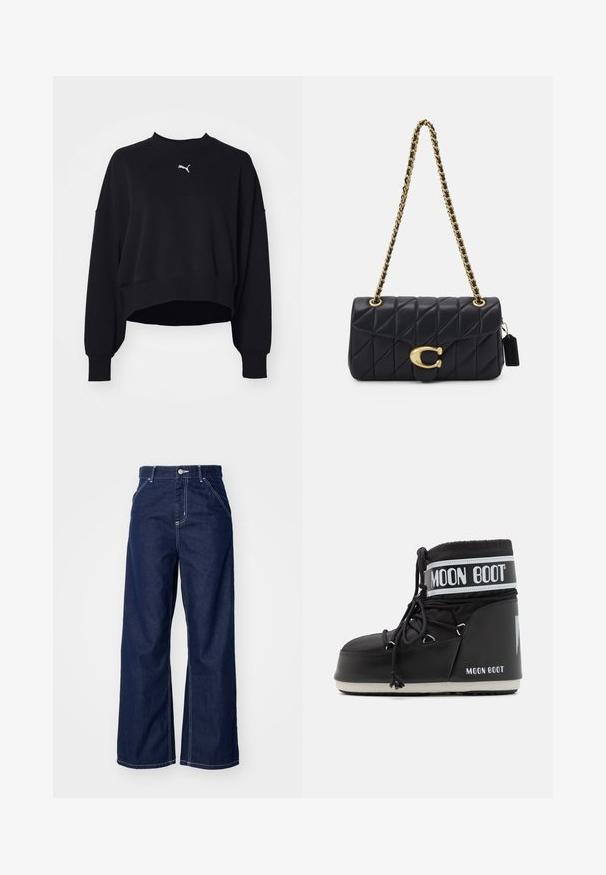 Mustat lyhyet hihattomat Collegepaidat, jotka on valmistettu pehmeästä kankaasta. Siinä on pitkät hihat, pyöreä pääntie ja pieni valkoinen Puma-logo rinnan kohdalla.; Lehtere jeans hämärän sinisessä denimissä, jossa on korkea vyötärö, kontrastivalkoinen omistus ja perinteinen viiden taskun muotoilu.; Musta Moon Boot, jossa on pehmustettu päällinen, joka on kiinnitetty nauhoilla ja jossa on erottuva valkoinen nauha, jossa on logo. Paksu, teksturoitu kumipohja.; Mustat vuoratut käsilaukku kultaketjuhihnalla, jossa on erottuva kultainen solki ja pieni tarkkuustagi, ja joka esittelee tekstuurillista nahkapintaa.