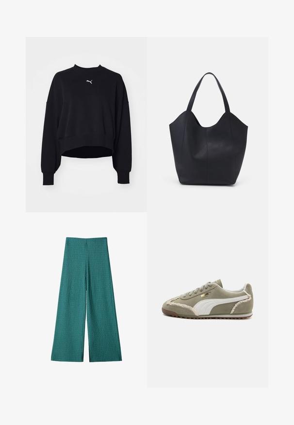 Zwarte cropped sweatshirt van zacht materiaal. Beschikt over lange mouwen, een ronde halslijn en een klein wit Puma-logo op de borst.; Cyaan brede broek met een textuur van ribstof. Heeft een hoge taille en is van volledige lengte met een losse pasvorm, ideaal voor casual draag.; Groene suède sneakers met witte leren accenten, geprofileerde stiksels, vetersluiting aan de voorkant en rubberen zool. Bevat unieke ontwerpelementen langs de zijkanten.; Zwarte tote tas van glad leer, met een gebogen, open bovenkant en twee schouderbanden, en een minimalistisch ontwerp.