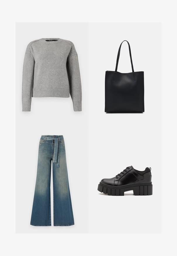 Ljust grå tröja med rundad halsringning, ribbade ärmslut och nederkant, samt en mjuk textur. Har dubbla axlar för en avslappnad passform.; Breda denimbyxor med en ljus till mörkblå gradient, hög midja, bälteshällor och ett matchande tygbälte. Texturerad denimfinish.; Svarta läderplattformsskor med en kraftig blockklack, rund tå och traditionell snörningsdesign. Har en slät textur och minimal detaljering.; Svart lädertoffelväska med slät textur, rektangulär form och två långa handtag. Ingen synlig hårdvara eller dekorationer.