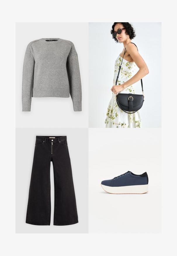 Light gray sweater with a rounded neckline, ribbed cuffs and hem, and a soft texture. Features dropped shoulders for a relaxed fit.; Wide-leg jeans in black denim with a zippered front, five-pocket design, and subtle stitching details. Smooth texture and casual style.; Navy blue sneaker with a textured fabric upper, white platform sole, rounded toe, and black heel accent. Features six eyelets for laces.; Black leather handbag with a curved shape, detachable strap, and gold hardware. The bag features a flap with a buckle detail.